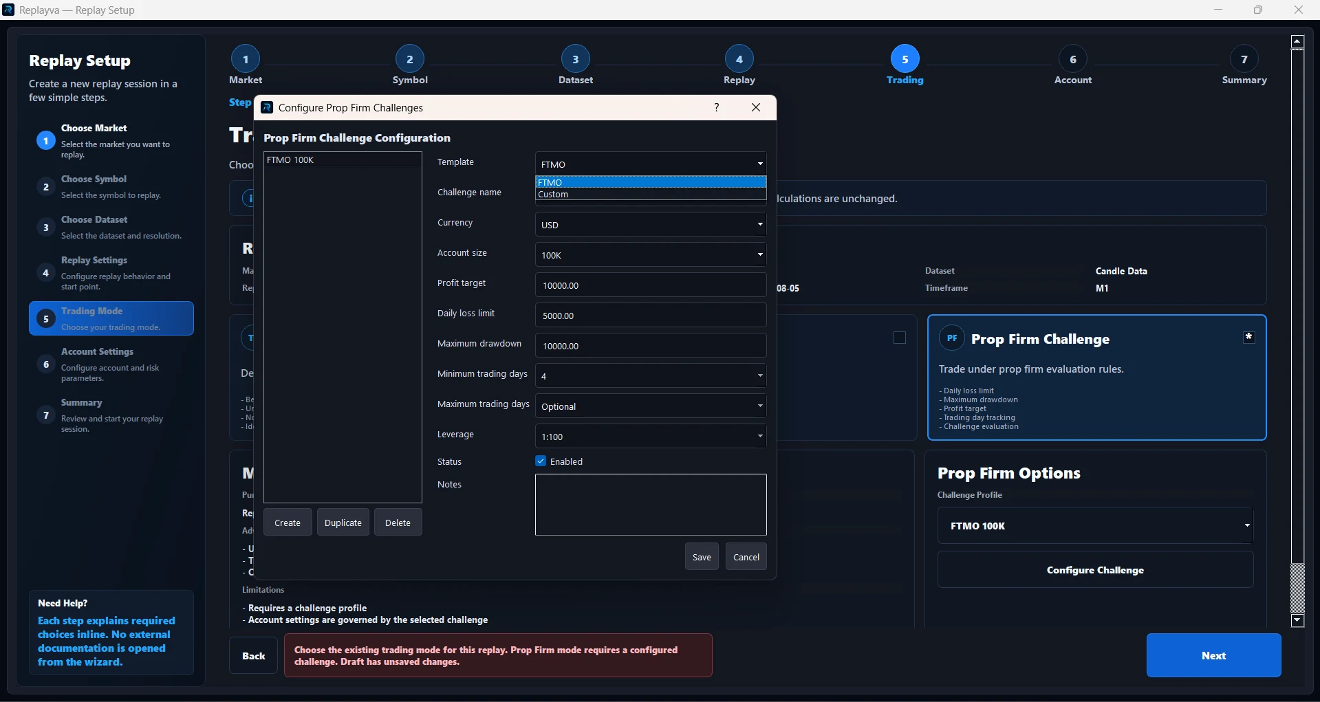 Replayva Prop Firm Challenge configuration with account size, profit target, daily loss limit, maximum drawdown, trading days, and leverage fields.