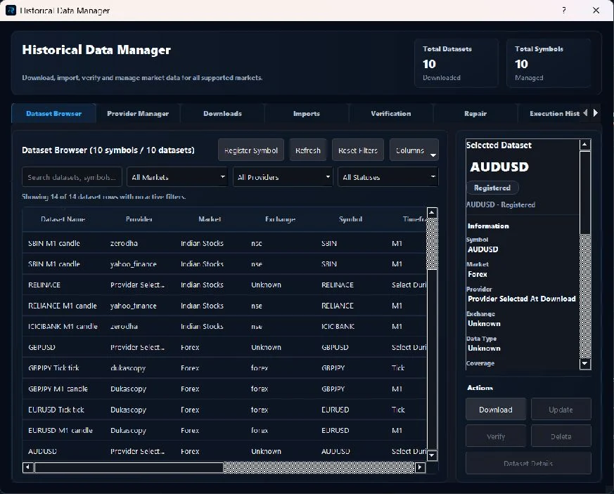 Replayva Historical Data Manager focused on the dataset browser with Forex and Indian stock datasets, providers, timeframes, and dataset details.
